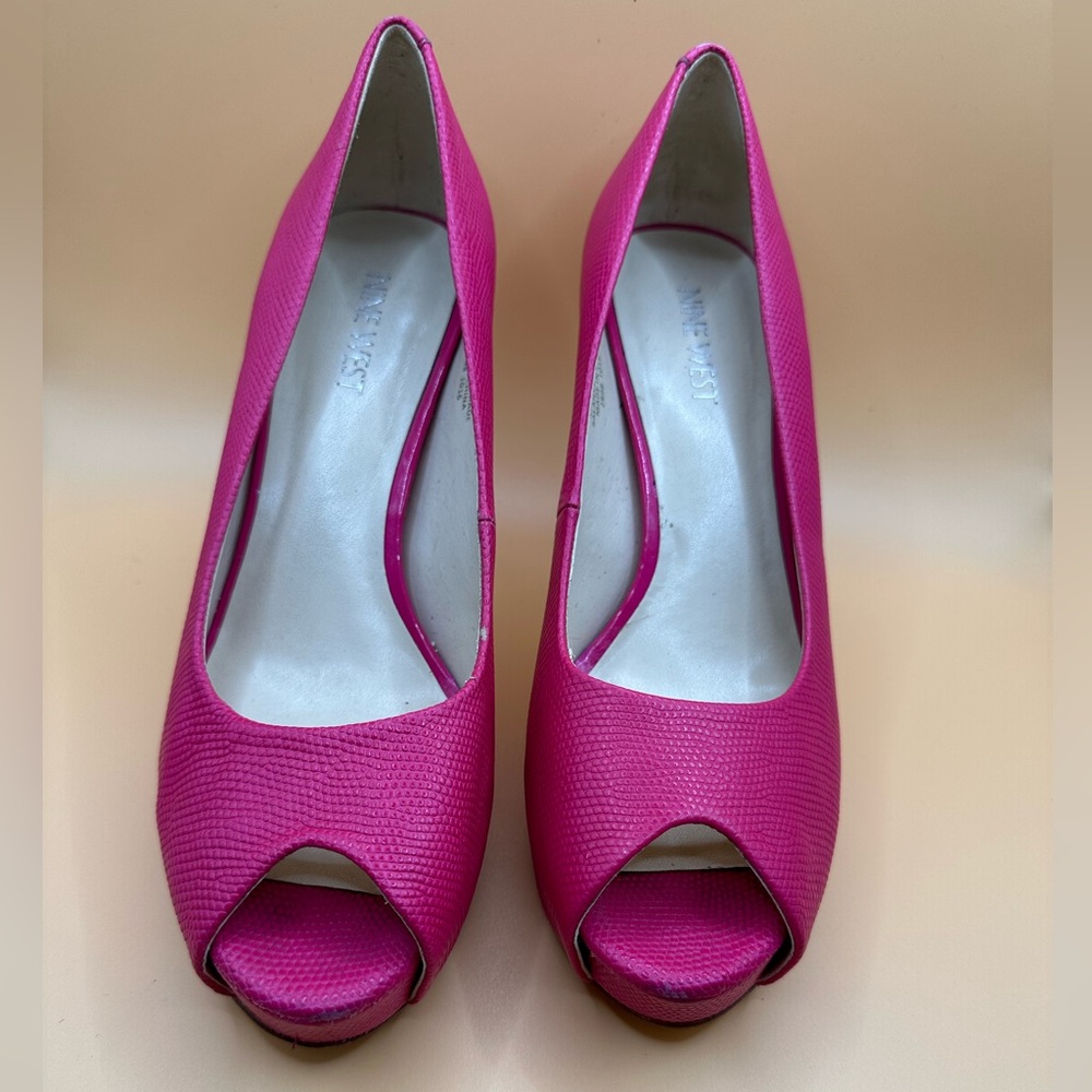 Nine West Hot Pink Genuine Leather Platform Peep Toe Pump Heels